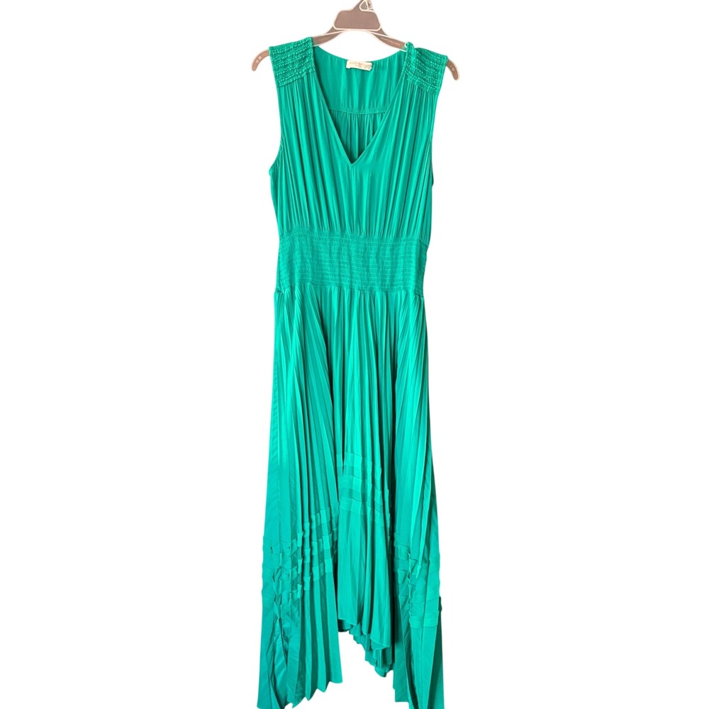 Ramy Brook Livia Pleated Midi Dress Womens L Green Asymmetrical Wedding Guest